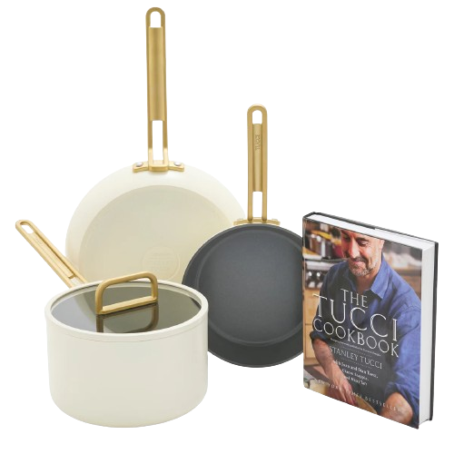 STANLEY TUCCI CERAMIC NONSTICK 4-PIECE CHEF SET WITH THE TUCCI COOKBOOK CARRARA WHITE