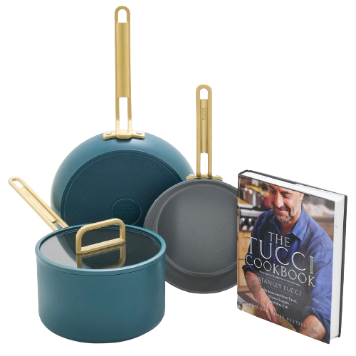 STANLEY TUCCI CERAMIC NONSTICK 4-PIECE CHEF SET WITH THE TUCCI COOKBOOK VENETIAN TEAL