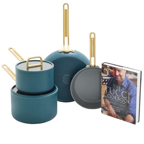 STANLEY TUCCI CERAMIC NONSTICK 6-PIECE COOKWARE SET WITH THE TUCCI COOKBOOK VENETIAN TEAL