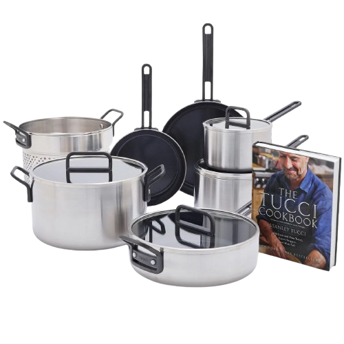 STANLEY TUCCI STAINLESS STEEL CERAMIC NONSTICK 11-PIECE COOKWARE SET WITH THE TUCCI COOKBOOK