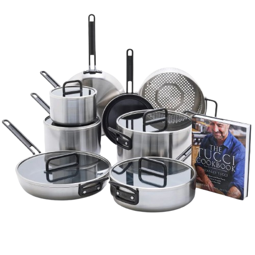 STANLEY TUCCI STAINLESS STEEL CERAMIC NONSTICK 13-PIECE COOKWARE SET WITH THE TUCCI COOKBOOK