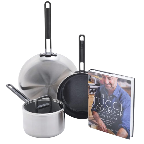 STANLEY TUCCI STAINLESS STEEL CERAMIC NONSTICK 4-PIECE ESSENTIALS COOKWARE SET WITH THE TUCCI COOKBOOK