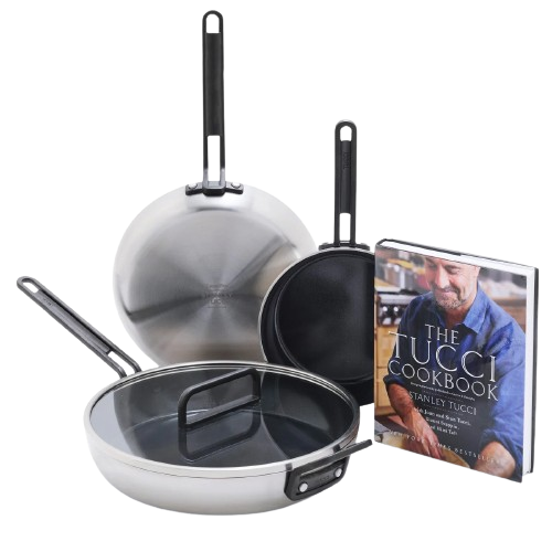 STANLEY TUCCI STAINLESS STEEL CERAMIC NONSTICK 4-PIECE FRYPAN SET WITH THE TUCCI COOKBOOK